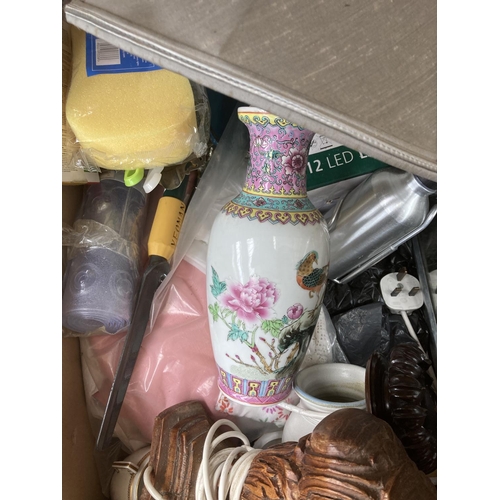 776 - Two boxes containing lamps, boxed LED lantern, decanter, Royal Doulton crystal vase etc.