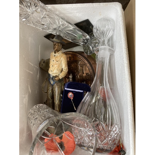 776 - Two boxes containing lamps, boxed LED lantern, decanter, Royal Doulton crystal vase etc.