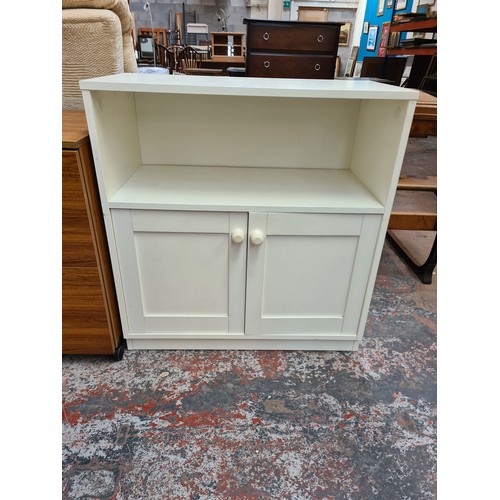 289 - Five pieces of furniture, teak effect two drawer filing cabinet, white painted two door cabinet, tea... 