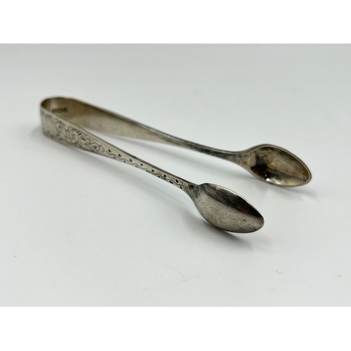 1234 - Five antique hallmarked sterling silver sugar tongs to include Edwardian Sheffield silver with claw ... 