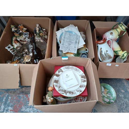 777 - Four boxes containing figurines, Wedgwood Jasperware, silver plated ware and collector's plates to i... 