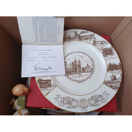 777 - Four boxes containing figurines, Wedgwood Jasperware, silver plated ware and collector's plates to i... 