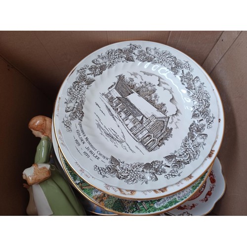 777 - Four boxes containing figurines, Wedgwood Jasperware, silver plated ware and collector's plates to i... 