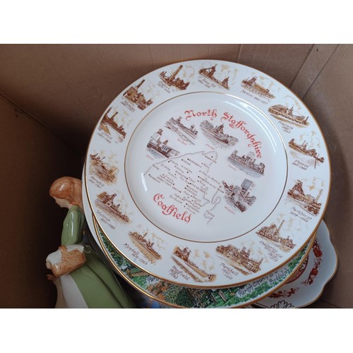 777 - Four boxes containing figurines, Wedgwood Jasperware, silver plated ware and collector's plates to i... 