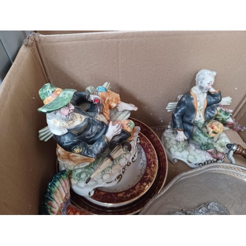 777 - Four boxes containing figurines, Wedgwood Jasperware, silver plated ware and collector's plates to i... 