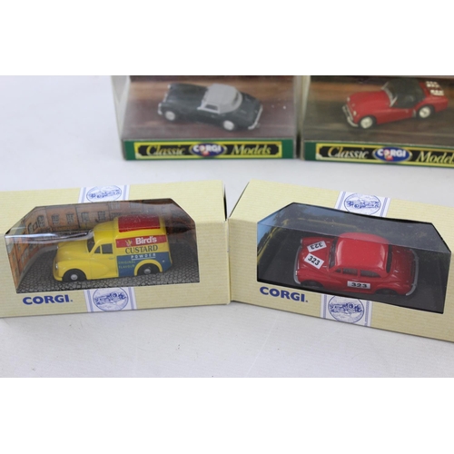 186 - Eight boxed Corgi diecast models to include Austin Healey 3000, Birds Morris 1000 van etc.