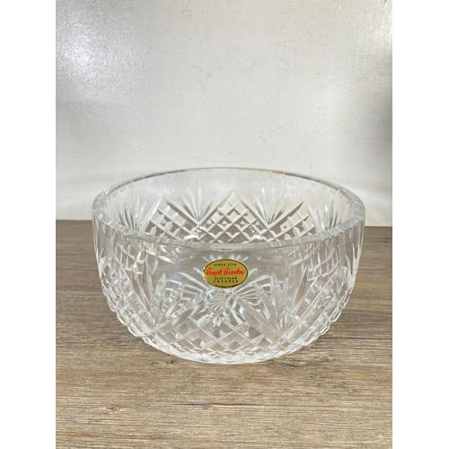 106 - Four pieces of glassware to include Royal Brierley 23cm bowl, 27cm cut glass vase etc.