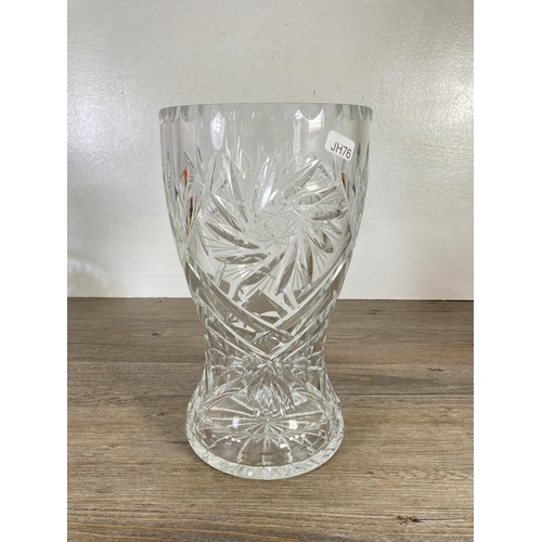 106 - Four pieces of glassware to include Royal Brierley 23cm bowl, 27cm cut glass vase etc.