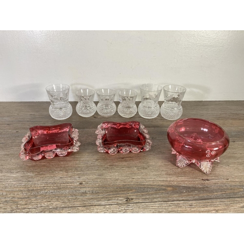 96 - Nine pieces of glassware, two Victorian cranberry glass dishes, three Edinburgh Crystal thistle patt... 