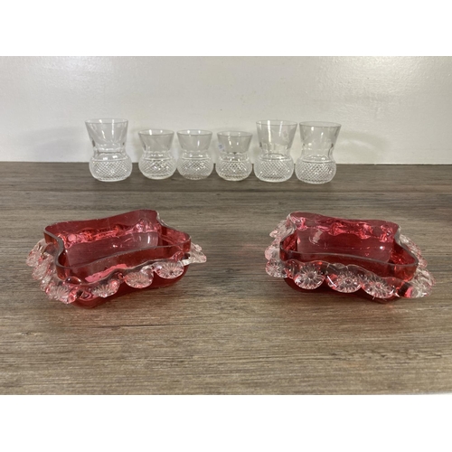 96 - Nine pieces of glassware, two Victorian cranberry glass dishes, three Edinburgh Crystal thistle patt... 