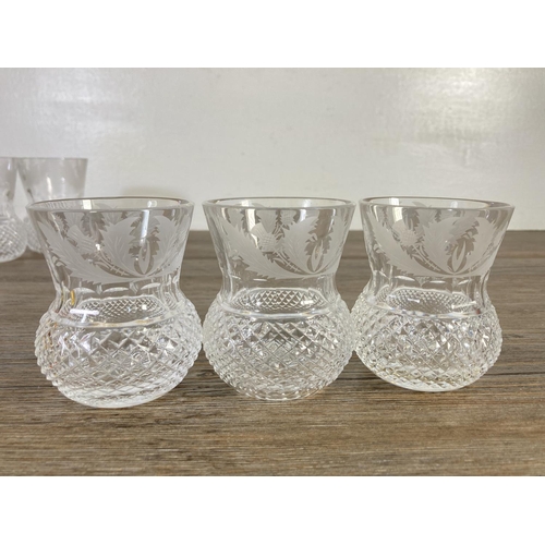 96 - Nine pieces of glassware, two Victorian cranberry glass dishes, three Edinburgh Crystal thistle patt... 