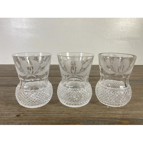 96 - Nine pieces of glassware, two Victorian cranberry glass dishes, three Edinburgh Crystal thistle patt... 