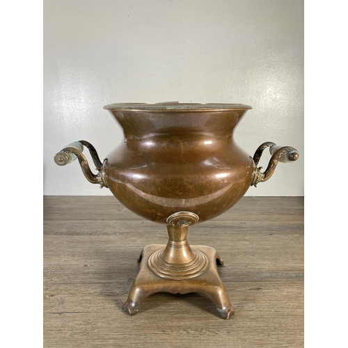 111 - Four pieces of 19th century copperware, kettle, samovar, twin handled pan and footed bowl