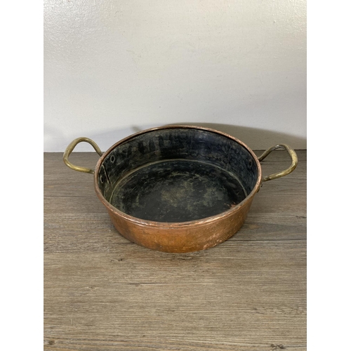 111 - Four pieces of 19th century copperware, kettle, samovar, twin handled pan and footed bowl