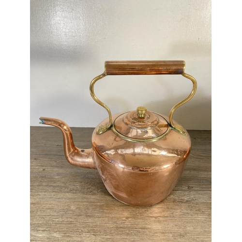 111 - Four pieces of 19th century copperware, kettle, samovar, twin handled pan and footed bowl