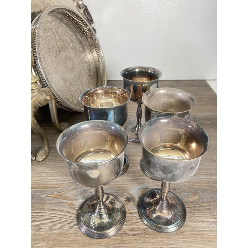 117 - A collection of assorted metalware to include silver plated tray, James Dixon & Sons nickel plated t... 