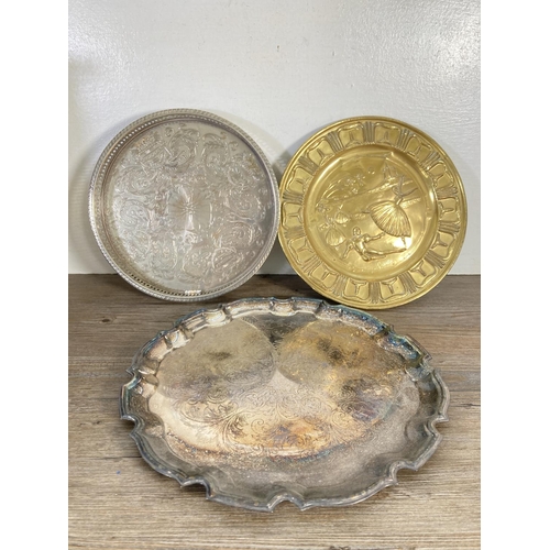 117 - A collection of assorted metalware to include silver plated tray, James Dixon & Sons nickel plated t... 