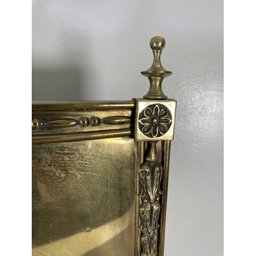 123 - A brass fireguard - approx. 60cm high x 56cm wide and three horse brasses