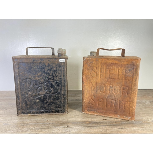 125 - Two vintage metal fuel cans, one Pratts and one Shell Motor Spirit - both approx. 32cm high x 25cm w... 