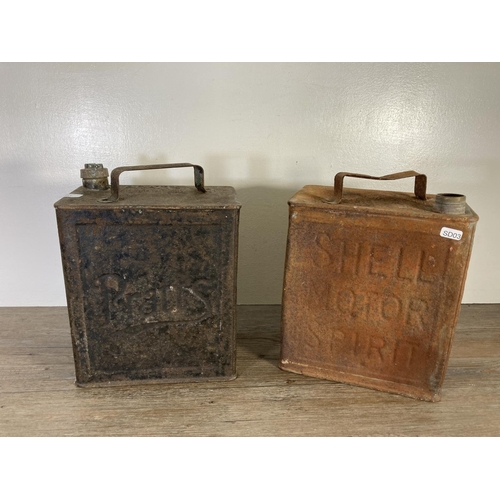 125 - Two vintage metal fuel cans, one Pratts and one Shell Motor Spirit - both approx. 32cm high x 25cm w... 