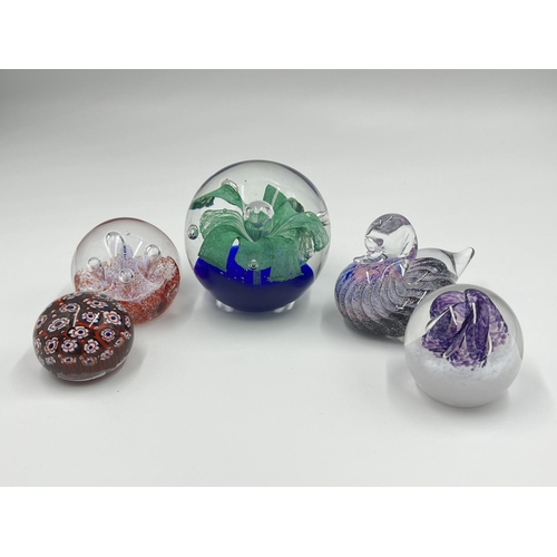 1 - Five studio glass paperweights to include Caithness Pixie, Caithness second quality, Millefiori etc.