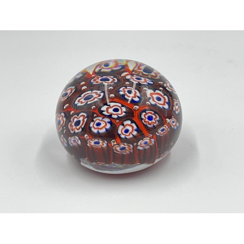 1 - Five studio glass paperweights to include Caithness Pixie, Caithness second quality, Millefiori etc.