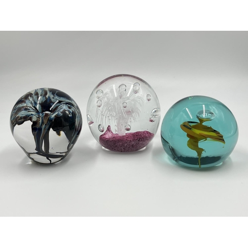 2 - Three studio glass paperweights to include signed Adrian Sankey etc.