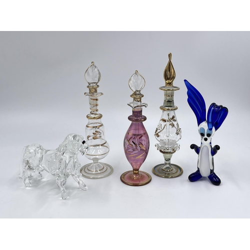 24 - Five pieces of studio glass, three scent bottles and two figurines