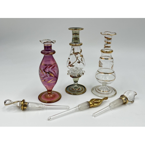 24 - Five pieces of studio glass, three scent bottles and two figurines