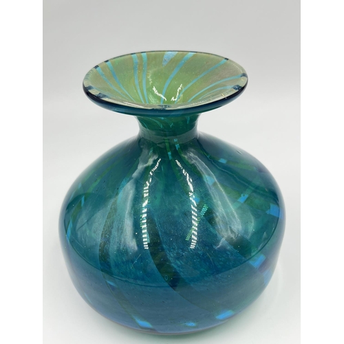 26 - A signed Mdina teal studio glass vase - approx. 13.5cm high