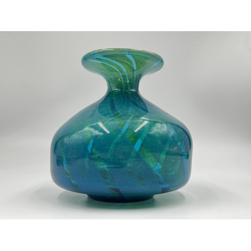 26 - A signed Mdina teal studio glass vase - approx. 13.5cm high