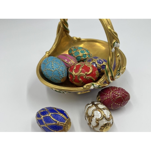 3 - A Franklin Mint porcelain Spring egg basket with nine eggs - approx. 11cm high x 10cm wide x 12cm lo... 