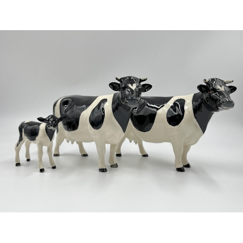 36 - Three Beswick Fresian Cattle figurines, Ch. Claybury Leegwater bull, Ch. Claybury Leegwater cow and ... 