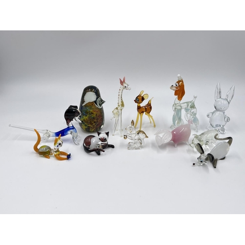 38 - Twelve studio glass animal figurines and ornaments to include Wedgwood style bird paperweight, Muran... 