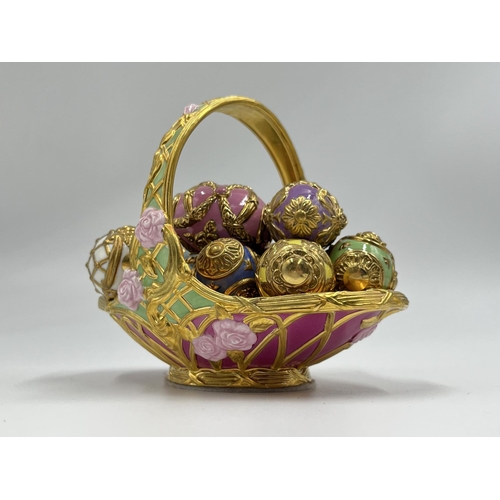 4 - A Franklin Mint porcelain Summer egg basket with nine eggs - approx. 11cm high x 9cm wide x 13cm lon... 