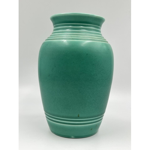 42 - An Art Deco Bretby green glazed vase with impressed number 3489 to base - approx. 20.5cm high