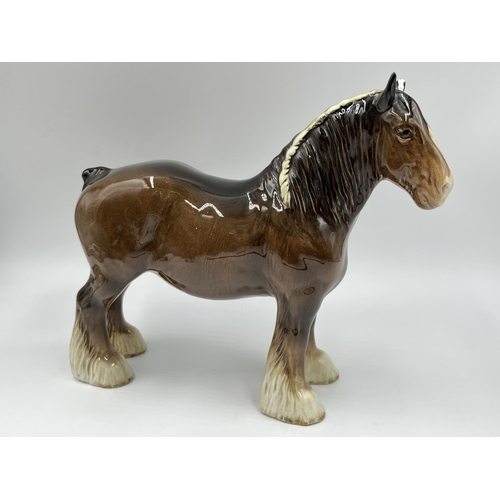 57 - Six ceramic figurines to include two Weatherby horse figurines, Beswick shire horse figurine, Beswic... 