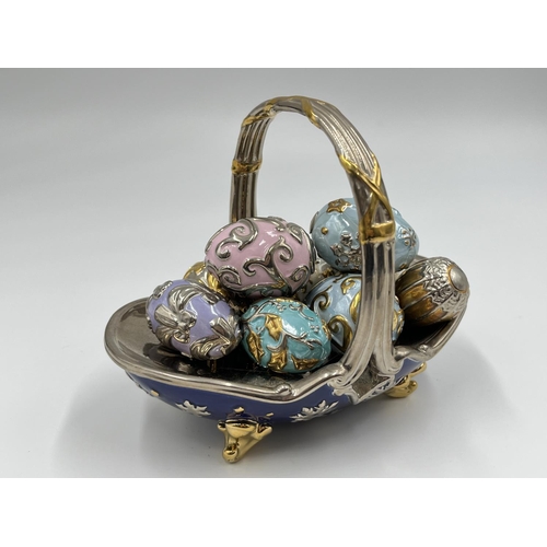 6 - A Franklin Mint porcelain Winter egg basket with nine eggs - approx. 10.5cm high x 9cm wide x 13cm l... 