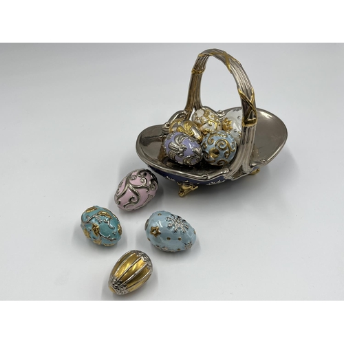 6 - A Franklin Mint porcelain Winter egg basket with nine eggs - approx. 10.5cm high x 9cm wide x 13cm l... 