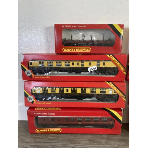 201 - Eight boxed Hornby OO gauge models to include R932 GWR brake 3rd coach, two R206 Fine Fish fish vans... 