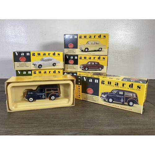 230 - Six boxed Vanguards diecast model vehicles to include Rover P4, Ford Anglia etc.