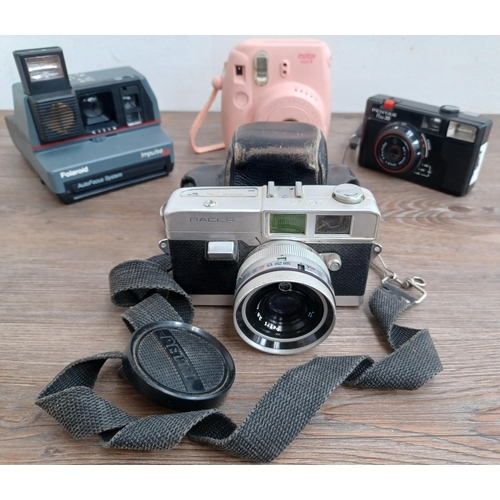 528 - Four cameras, one cased 1960s Japanese Petri Racer 35mm rangefinder, one Fujifilm Instax Mini 8 inst... 