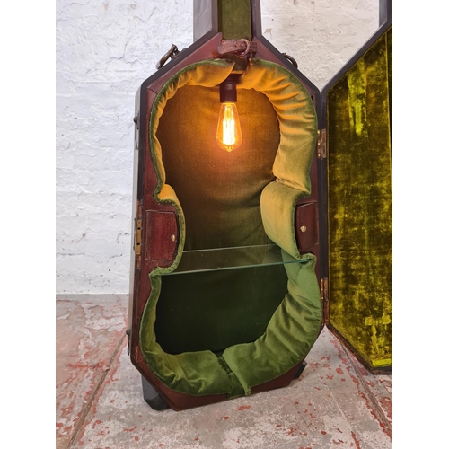 412 - A 19th century ebonised cello case converted illuminating bookcase with Bluetooth speaker and green ... 