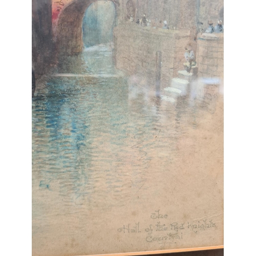 490 - A framed watercolour of The Hall of the Red Knights by R. Randolf - approx. 46cm high x 36cm wide