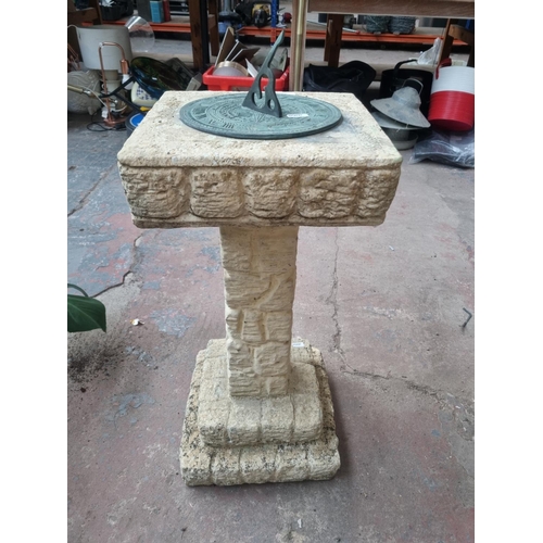 754 - A Victorian style cast stone sundial on two step pedestal base - approx. 72cm high x 29.5cm square