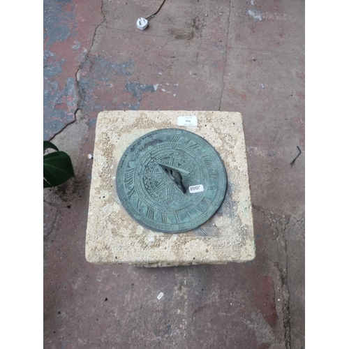 754 - A Victorian style cast stone sundial on two step pedestal base - approx. 72cm high x 29.5cm square