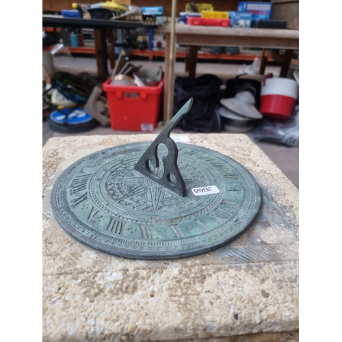 754 - A Victorian style cast stone sundial on two step pedestal base - approx. 72cm high x 29.5cm square