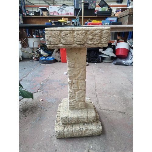 754 - A Victorian style cast stone sundial on two step pedestal base - approx. 72cm high x 29.5cm square