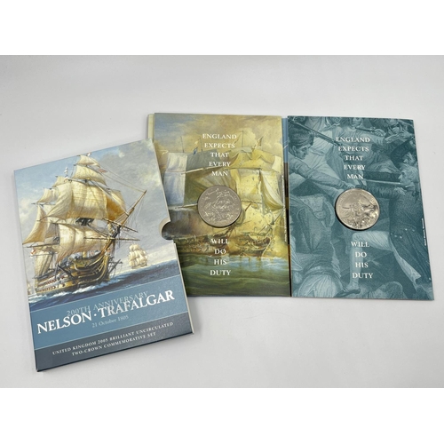 1247 - Seven various commemorative coins and coin sets to include 2005 200th anniversary Nelson Trafalgar b... 