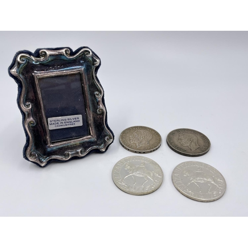 1248 - Five items, one hallmarked sterling silver miniature photo frame, one 92.5% silver 1935 crown, two b... 